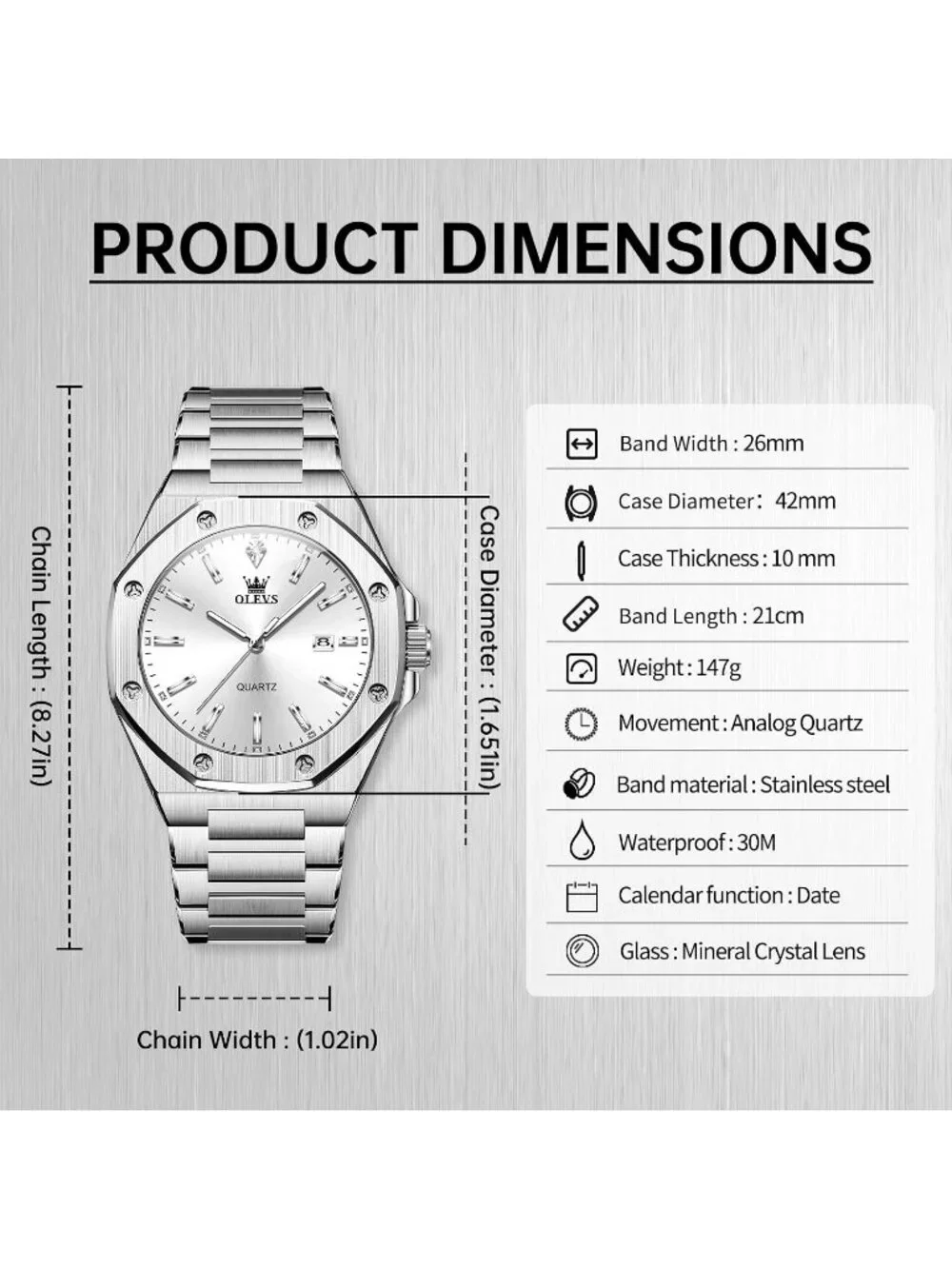 Men's Silver Fashion Luxury Octagon Stainless Steel Waterproof Dress Wrist Watch